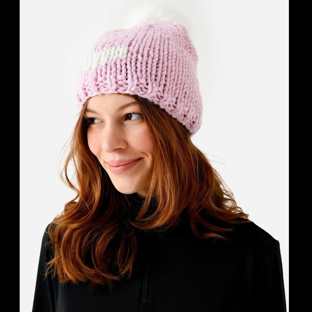 New GOGO Sweaters Pink Heart Toque Beanie Hat w/ Pom Pom — Strawberry/Snow